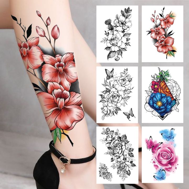 Cheap 3D Watercolour Flower Temporary Tattoo For Women Girls Fake Peony Rose  Tattoo Sticker Butterfly Lace Sweatpea Flora Tatoos Leg | Joom