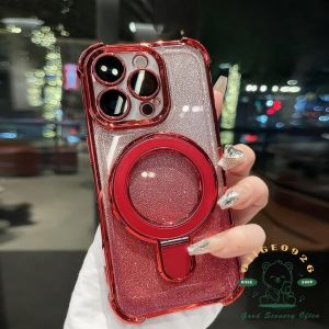 New Year Red Glitter Metal Bracket Phone Case iPhone 16 Pro Max 15 14 13 12 11 Casing for iPhone XS XR Case Silicone Soft Shell TPU Shockproof