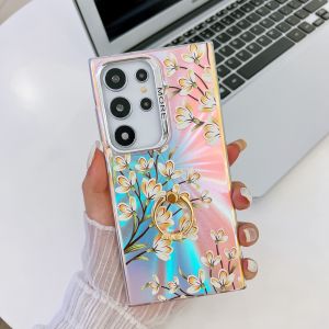 EC Luxury Case for Samsung Galaxy A15 A25 A35 A55 A14 A54 5G IMD Girls Flower Laser Bling Glitter Shockproof Matte Back Cover for Samsung S23 S24 Plus S23 FE S22 Ultra Cases with Ring Stand Holder