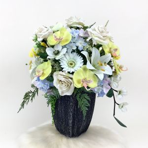 กระถางดอกไม้ปลอม จัดโทนสีเหลืองฟ้า ดอกไม้ปลอมพร้อมกระถาง ดอกไม้ตกแต่งบ้าน