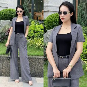 Set Bộ Vest Nữ Tay Ngắn Kẻ Sọc Quần Ống Đứng Lưng Cao Phong Cách Thời Trang Công Sở Sang Trọng Kaylin_PG0050