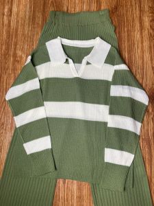 One set rajut stripe polo kerah panjang tebal / setrajut /setelan rajut polet / one set rajut viral