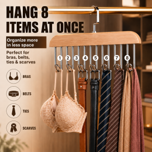 8 Hooks Non-Slip Solid Wood Hanger Space Saving Woman Bra Hanger Man Belt Tie Hanger Durable