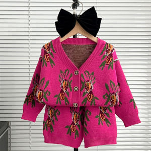 Bear Leader Korean Version Diamond Grid Ripple Print Knitted Girls Suit Retro Single Breasted Cardigan Sweater + Shorts Sets 2-6 Years Casual Flower Two-piece Kids Clothes Outfit