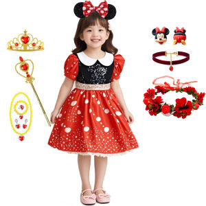 Disney Mickey Mouse Dress Summer Little Girl Mickey And Minnie Cosplay Costume Toddler Red Sequin Dot Frock Halloween Fancy Sets
