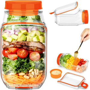 Leakproof Salad Container with Side Opening Portable Salad Jar with Dressing Compartment Reusable Lunch Box