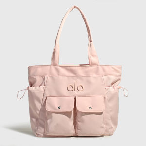 ALO Women Multi‑pocket Nylon Tote Bag Embossed Letter Side Drawstring Design Large Capacity Shoulder Handbag For Work School