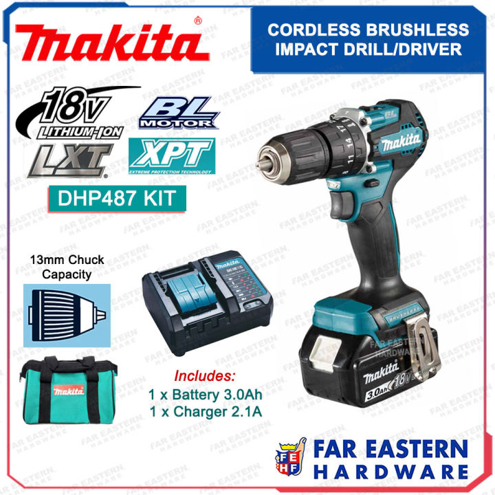 MAKITA DHP487 KIT Cordless Brushless Impact Hammer Drill Driver w