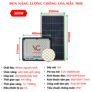 Đèn Năng Lượng Mặt Trờiđèn led chống lóa 100W 200W 300W SHOPVINCENT cảm biến tự động sángVỏ NhômDây Dài 5M Điều Khiển Từ Xa Chống Nước IP67BH 2 năm