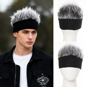 FREMRAG Natural-Looking Hairstyle Mens Headband Wig Silvery-Gray Soft Synthetic Spiky Wig Fashion Accessory Stretch Headband Black Visor Cap Hairpiece for Daily