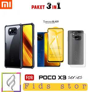 PROMO 3in1 CASE SHOCKPROOF + TEMEPERED GLASS FULL COVER BLACK + GARSKIN CARBON For Xiaomi POCO X3 / POCO X3 Pro / POCO X3 NFC