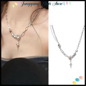 【Jumpping】 Trendy Bling Moonstone Star Cross Pendant Necklace For Women Punk Hip Hop Necklace Party Y2K Jewelry Gift