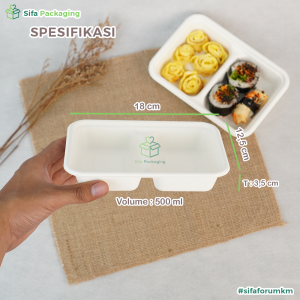 Bagasse Lunch Box Sekat 2 + Tutup Kotak Makanan Warna Putih Bungkus Nasi Kotak Takeway Ayam Geprek Nasi Goreng Kemasan Makanan Korea Jepang Ramah Lingkungan isi 25 pcs
