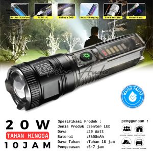 Senter Zoom Mitsuyama MS-1237 20W Super Terang | Senter Led Laser Transparan Solar Panel 7 Mode Cahaya | Rechargeable TYPE - C Waterproof