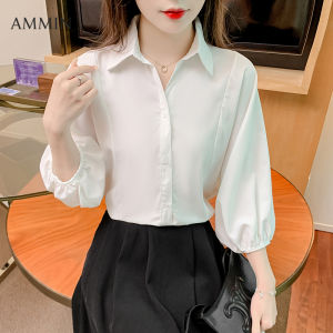 Ammin phong cách Hàn Quốc đơn giản ve áo thời trang duyên dáng tay áo bong bóng Áo voan 2023 mùa hè của phụ nữ voan chống nhăn thiết kế ve áo Một hàng khuy Cardigan sự nghiệp OL đi lại Áo Blouse thanh lịch