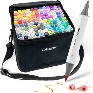 Ohuhu Brush & Fine Alcohol Brush Markers Double Tipped Sketch Markers for Artist Coloring Art Markers for Kids Adults Coloring Book 48/72/120/216 Unique Colors + 1 Alcohol Marker Blender + Marker Case Brush & Fine Professional