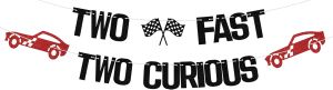 Two Fast Two Curious Banner Boys 2nd Birthday Decorations Car Theme Happy 2nd Birthday Party Decor Boys Racing Car 2nd Birthday Party Cheers to Second Birthday Decors Supplies Black Red