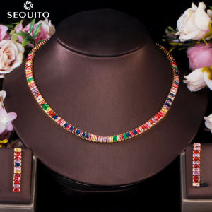 SEQUITO ผู้หญิงอินเทรนด์ Gorgeous Rainbow เซอร์คอเนียลูกบาศก์สี Choker สร้อยคอต่างหูการตั้งค่าชุบทองชุดเครื่องประดับสไตล์งานเลี้ยง SJ194