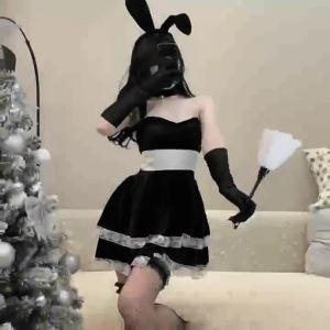 Sweet Lolita Dress Bunny Girl Halloween Christmas Cosplay Costume Pink Black Anime Maid Uniform Velvet Rabbit Roleplay Outfit