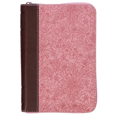 KJV170 | KJV Pink and Saddle Tan Faux Leather Mini Pocket Bible with Zippered Closure
