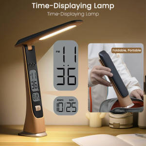 Foldable Portable Desk Lamp with Time and Date Display Rechargeable Battery-Powered Wireless Lamp Eye-Care LED Desk Lamp 3 Color Temperatures Stepless Brightness Adjustment Suitable for Office Home and University Use