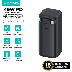 USAMS Powerbank Multifungsi 18000mAh dengan Kabel Magnetik Retraktabel dan Fast Charging 45W PD untuk iPhone/Samsung - Warna Hitam