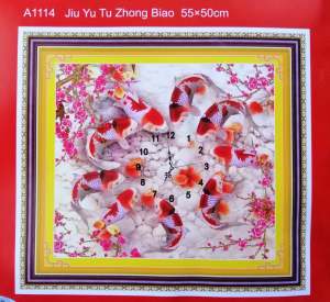 Tranh Thêu chữ thập Đồng Hồ 9 con Cá chép thêu kín (về tự thêu) A1114