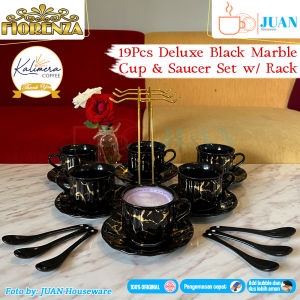 FIORENZA 6 pasang cangkir set + sendok + rak series duluxe blackmarble 220ml / tea set coffee cup and saucer ceramic