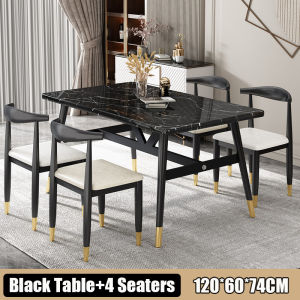 120x60cm Kitchen Table Set European Style Dining Table Set with 4/6 Chairs Wood Metal Dining Room Furniture for Home (White/Black)