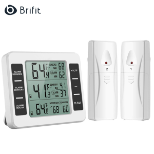 Brifit Nhiệt kế tủ lạnh kỹ thuật số không dây có 2 cảm biến không dây có thể báo động bằng âm thanh có màn hình LCD hiển thị tối thiểu/tối đa cho nhà hàng quán bar quán cà phê