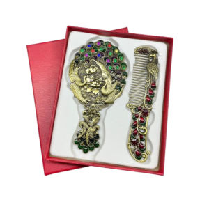 OMQAIO Hand-held Pea Makeup Mirror Comb Set Vintage Portable Vanity Mirror Creative with Comb Cosmetic Mirror Women