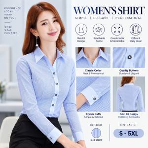 Cosuits Women Long Sleeve Collared Stripe Business Office Formal Wear Office Shirt Blouse Blue Size S-5XL