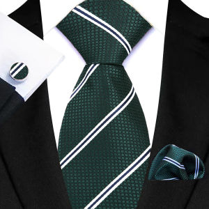 Fashion 8cm Mens Tie Dark Green Solid Paisley Striped Floral Necktie Handkerchief Cufflinks Set for Wedding Business Party