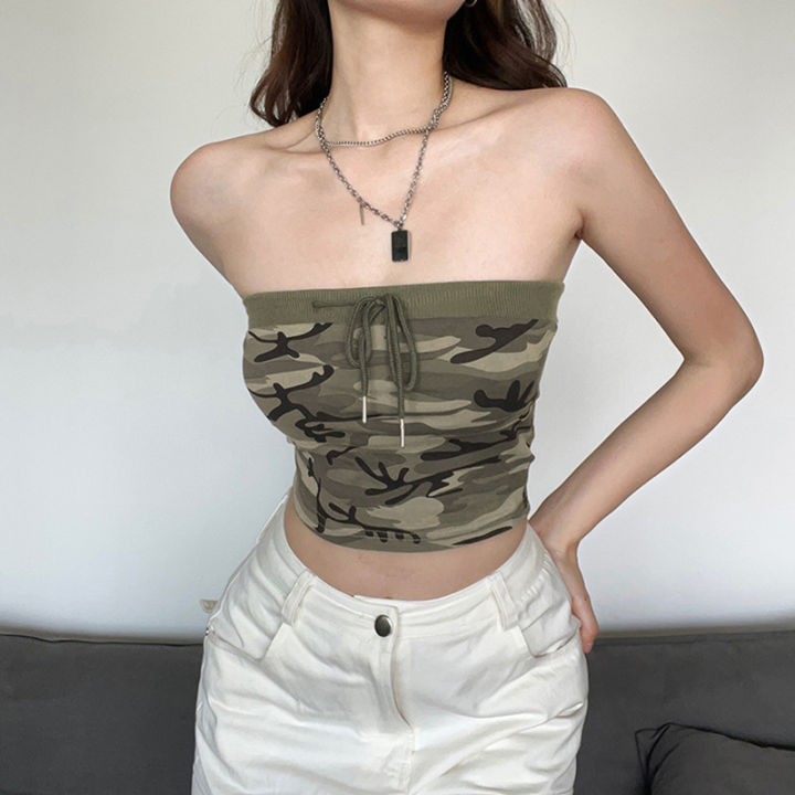 Women Summer Tube Tops, Camouflage Print Front Drawstring