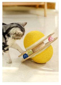 Cat Toy Catching Ball 2 Layer Solid Wood 360° Running Toy With Sisal Scratch Surface Funny Interactive Cat Toy