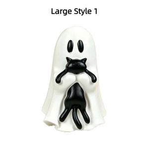 OOC Cute Style Ghost Cat Ornament Resin Crafted Smooth Surface Spooky Ghost Statue Black Cat Sculpture Compact Size Halloween Table Decor Bedside Table