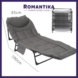 Romantik Folding Bed Foldable Bed with pockets 180cm 190cm Camping Cots Angle Adjustable Lounge Chair with Pillow Portable Travel bed Headrest Camp Office Travel Hospital