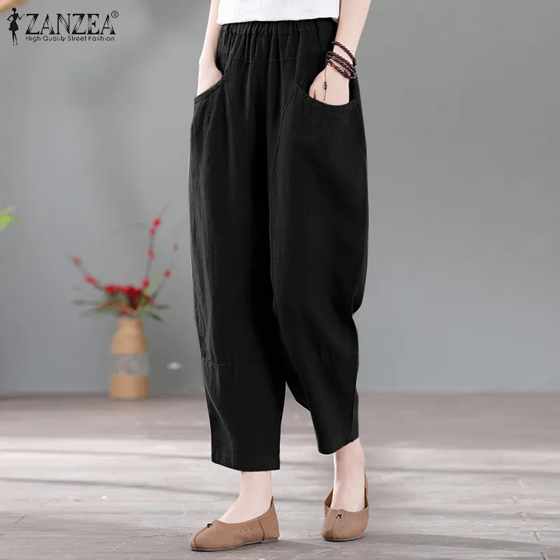 ZANZEA Women Summer Cotton Loose Harem Pants Retro Casual Slacks Long  Trousers