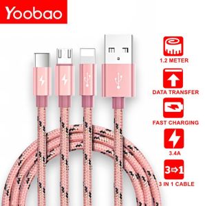 Yoobao YB-453 Multi Charger Cable 3-in-1 Micro USB Type C Cable 1.2m Fast Charge