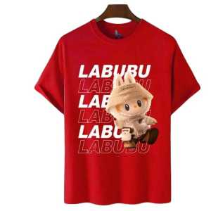 Kaos Anak Perempuan Motif Labubu Warna Merah dengan Motif Karakter Lucu Usia 2-12 Tahun