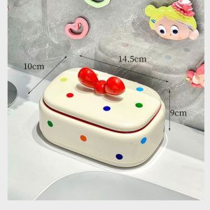 กล่องสบู่ลายจุดน่ารักพร้อมโบว์สำหรับซิงค์ห้องน้ำ-จานรองสบู่ที่สร้างสรรค์และใช้งานได้จริง