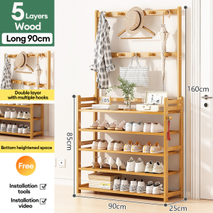 Bamboo Hanging Shoe Rack Organizer Clothes Hanging Rack With Shoe Storage 20 Pairs+ 4/5Layers