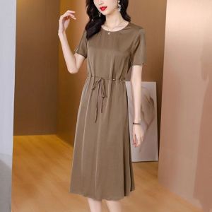100KG Fat Girl Can Wear Middle age Women Temperament A-line Dress Korean Style Women Plain Scoop Neck Short Sleeve Plus Size Dresses defined waist