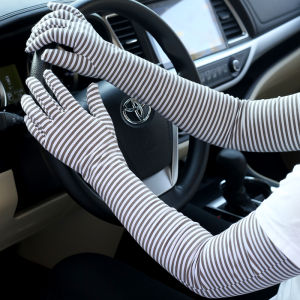 Summer Womens Cotton Stripe Sunscreen Gloves Cooling Drive Riding Long Sleeves Breathable Moisture-Wicking Cotton Finger Sleeves
