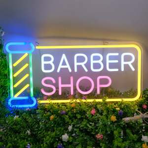 ป้ายไฟ ตัดผม BARBER SHOP ป้ายร้าน ร้านเสริมสวย กลางวันก็เห็นชัด หลอดนีออนกินไฟน้อย แต่สว่างมาก เพิ่มเอกลักษณ์สีสัน สวยงาม ตกแต่ง
