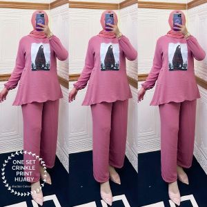 ONE SET CRINKLE PRINTING HIJABY/ATASAN MUSLIMAH TERBARU/BUSANA MUSLIMAH TERBARU