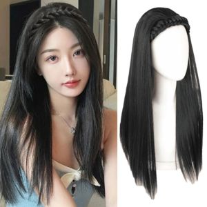 STARGOODS Hair Hoop Twist Braid Headband with Wig Synthetic Clip in Korean Half-head Wig Heat Resistant Fiber Fake Hair Long Straight Hair Women