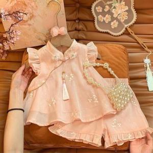 Tassel Cheongsam Kids Clothes Chinese Style Girls Pink Flower Embroidered Fly Sleeved Top + Shorts 2Pcs Suit2026