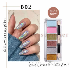 Solid Chrome Palette Set 6 in 1 Warna Nail Gel Polish Art Magic Mirror Powder / Bubuk Hiasan Kutek Kuku Palsu Aurora Pearl Glitter Japan Rose Gold Glaze Rainbow Deep Tone DIY