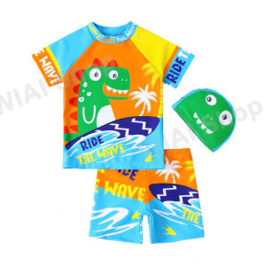 ชุดว่ายน้ำเด็กผู้ชาย ชุดว่ายน้ำเด็กผู้หญิง พร้อมหมวก กันUV กันร้อน สีสันสดใส สวมใส่สบาย ผ้าไม่บาง นิ่ม ยืด แบบสวม ลายการ์ตูน ชุดเด็ก